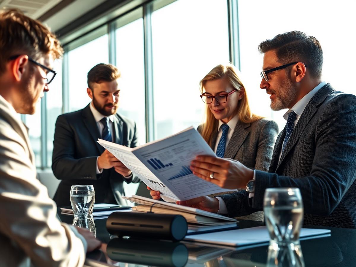 Advisors reviewing an IPO prospectus in a boardroom