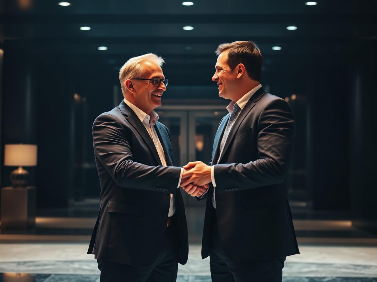 Two executives shaking hands in a corporate lobby